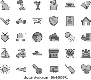 Thin line gray tint vector icon set - earth vector, plane, camper, sail boat, taxi, motorcycle, escalator, identity card, passort control, rolling case, credit, hotel, boungalow, beach, sun, baggage