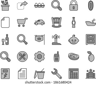 Thin line gray tint vector icon set - scribbled paper vector, cradle, children's bathroom, sand set, funny hairdo, dangers, lock, nightstand, move right, bundle of eggs, bacon, bottle soda, settings