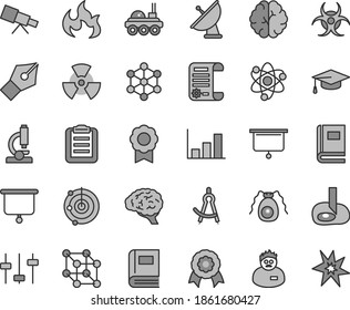 Thin line gray tint vector icon set - research article vector, microscope, telescope, atom, nuclear, brain, settings, bactery, book, biohazard, flame, scientist, graduate hat, clipboard, radar, bang