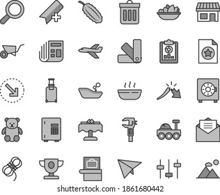 Thin line gray tint vector icon set - add bookmark vector, magnifier, children's bathroom, small teddy bear, building trolley, color samples, hawser, received letter, dust bin, strongbox, cucumber