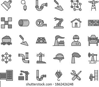 Thin line gray tint vector icon set - house vector, tower crane, workman, brickwork, hook, trowel, building, concrete mixer, small tools, long meashuring tape, siphon, sewerage, city block, tile
