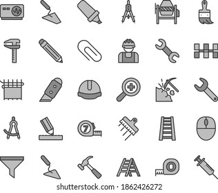 Thin line gray tint vector icon set - clip vector, graphite pencil, zoom, trowel, building, concrete mixer, measuring tape, long meashuring, wooden paint brush, stepladder, ladder, drawing, spatula