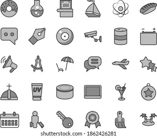 Thin line gray tint vector icon set - camera vector, plastic brush, canned goods, glazed cake with a hole, japanese sushi, barrel, accumulator, calendar, think, notebook pc, flask, atom, medal, star