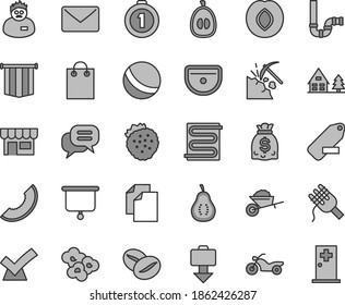Thin line gray tint vector icon set - clean paper vector, remove label, bath ball, garden trolley, sink, siphon, heating coil, kiosk, spaghetti, coffee beans, popcorn, strawberries, plum, part guava