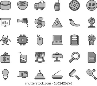 Thin line gray tint vector icon set - danger of electricity vector, magnifier, cradle, e, birthday cake, new roller, bulb, delivery, canned goods, noodles, kiwi, half passion fruit, red pepper, cpu