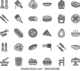 Thin line gray tint vector icon set - plates and spoons vector, a chair for feeding, plastic fork, iron, sausage, stick of, pizza, piece, Hot Dog, mini, burger, spaghetti, noodles, porridge, bacon