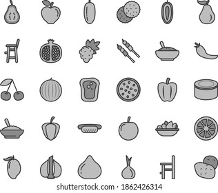 Thin line gray tint vector icon set - a chair for feeding vector, child, canned goods, mini hot dog, bowl of buckwheat porridge, rice, plate fruit, barbecue, biscuit, sandwich, cherry, grape, fig