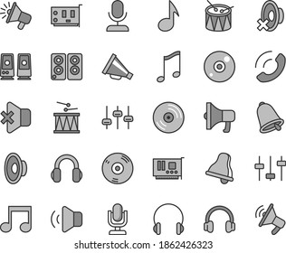 Thin line gray tint vector icon set - bell vector, desktop microphone, horn, loudspeaker, silent mode, drumroll, drum, headphones, music, CD, volume, no sound, phone call, megaphone, pc card, note