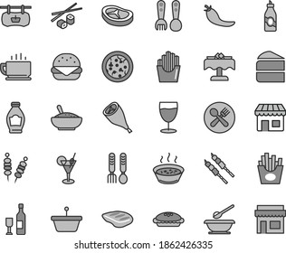 Thin line gray tint vector icon set - plates and spoons vector, plastic fork, iron, coffee, fried vegetables on sticks, pizza, big burger, piece of cake, pie, a bowl rice porridge, in saucepan, chop
