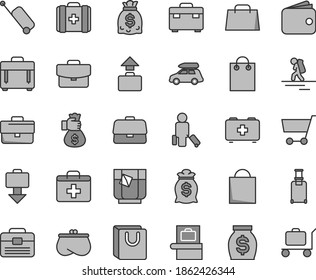Thin line gray tint vector icon set - briefcase vector, paper bag, first aid kit, of a paramedic, medical, portfolio, suitcase, case, with handles, glass tea, cart, wallet, purse, money, dollars