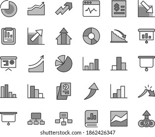 Thin line gray tint vector icon set - growth up vector, pie chart, bar, line, negative, histogram, positive, cardiogram, recession, a crisis, statistical report, scheme, hierarchical, ring diagram