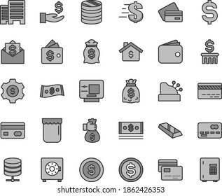 Thin line gray tint vector icon set - bank card vector, dollar, buildings, big data server, strongbox, cards, jam, reverse side of a, front the, column coins, denomination, get wage, wallet, dollars