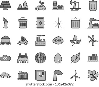 Thin line gray tint vector icon set - bin vector, drop, bag with handles, apple stub, solar panel, working oil derrick, leaves, leaf, windmill, wind energy, manufacture, factory, hydroelectricity