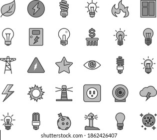 Thin Line Gray Tint Vector Icon Set - Lightning Vector, Matte Light Bulb, Incandescent Lamp, Window, Saving, Power Socket Type B, Dangers, Star, Eye, Storm Cloud, Lens, Leaf, Pole, Energy, Mercury