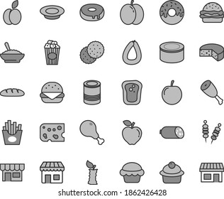 Thin line gray tint vector icon set - kiosk vector, sausage, stick of, piece cheese, loaf, canned goods, tin, fried vegetables on sticks, big burger, cake, muffin, with a hole, glazed, plate milk