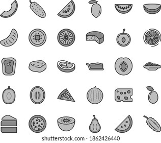 Thin line gray tint vector icon set - piece of cheese vector, pizza, slices onion, cake, slice, bacon, meat, cucumber, orange, sandwich, plum, water melon, delicious, half, tangerine, cherry, lemon
