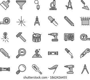 Thin line gray tint vector icon set - graphite pencil vector, zoom out, wind direction indicator, electronic thermometer e, mercury, drum, building trowel, cordless drill, measuring tape, plummet