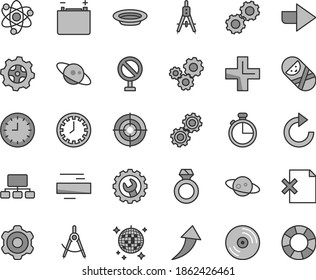 Thin line gray tint vector icon set - prohibition vector, clock face, right direction, plus, minus, clockwise, tumbler, cogwheel, gear, timer, CD, delete page, plate, accumulator, scribed compasses