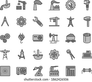 Thin line gray tint vector icon set - crane vector, tower, hook, cogwheel, adjustable wrench, gear, working oil derrick, manufacture, factory, hydroelectric station, power line, pole, processor