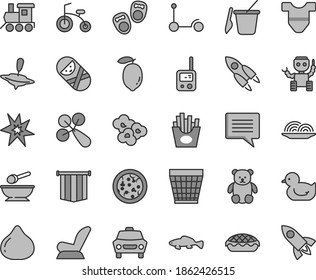 Thin line gray tint vector icon set - image of thought vector, wicker pot, Child T shirt, baby rattle, car seat, duckling, tumbler, toy phone, children's sand set, deep plate with a spoon, train