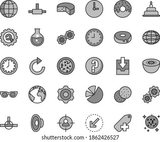 Thin line gray tint vector icon set - sign of the planet vector, clock face, clockwise, loudspeaker, add label, download archive data, question, birthday cake, gears, cogwheel, star gear, wall, kiwi