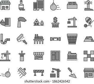 Thin Line Gray Tint Vector Icon Set - Wicker Pot Vector, Tower Crane, Big Core, Building Trowel, Concrete Mixer, Window, Paint Roller, Wooden Brush, Siphon, Level, Buildings, Tile, Block, Spatula