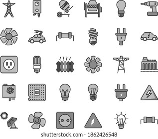 Thin line gray tint vector icon set - danger of electricity vector, concrete mixer, cordless drill, saving light bulb, power socket type b, boiler, fan screw, big solar panel, hydroelectricity, line