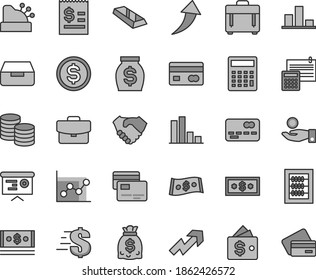 Graue dünne Linie, Vektorsymbol-Set - wachsender Vektorsymbol, Dollar, Taschenrechner, Graph, neuer Abacus, Berechnung, Koffer, Koffer, Schubfach, Karten, Münzen, Rückseite einer Bankkarte, Vorderseite, Balkendiagramm