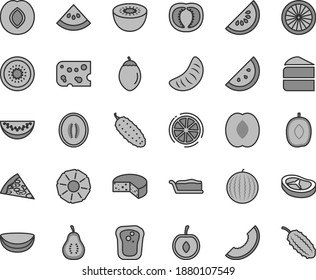 Thin line gray tint vector icon set - piece of cheese vector, pizza, cake, slice, bacon, cucumber, orange, sandwich, plum, water melon, delicious, half peach, tangerine, cherry, kiwi, tamarillo