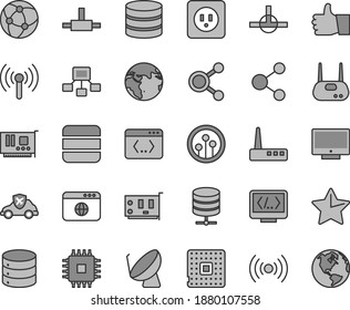 Thin line gray tint vector icon set - power socket type b vector, star, thumb up, screen, big data, server, autopilot, processor, satellite dish, connection, connections, hierarchical scheme, cpu