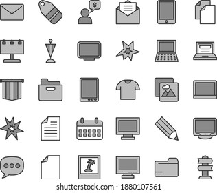Thin line gray tint vector icon set - laptop vector, monitor, window, clean sheet of paper, scribbled, folder, envelope, received letter, picture, T shirt, label, billboard with illumination, pencil
