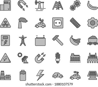 Thin line gray tint vector icon set - lightning vector, danger of electricity, ladder, power socket type f, dangers, hammer, banana, bananas, charge level, big solar panel, working oil derrick, line