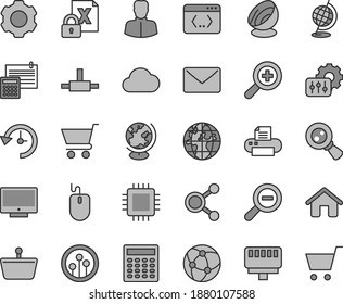 Thin line gray tint vector icon set - zoom vector, out, house, calculation, screen, cart, shopping basket, magnifying glass, connections, woman, planet, encrypting, mouse, cpu, printer, network