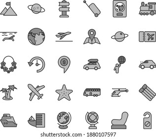 Thin line gray tint vector icon set - Baby chair vector, map, globe, planet, retro car, history, saturn, man hold world, mountain flag, helicopter, dollar pin, earth, train, baggage, bus, passport