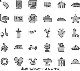 Thin line gray tint vector icon set - train vector, camper, taxi, motorcycle, airport tower, security gate, passenger, passort control, plane ticket, phone registration, rolling case, departure, atm