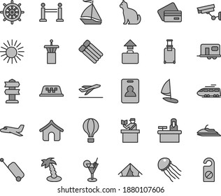 Thin line gray tint vector icon set - plane vector, train, camper, sail boat, taxi, air balloon, airport tower, rope barrier, identity card, rolling suitcase, passort control, case, baggage, credit