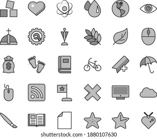 Thin line gray tint vector icon set - heart symbol vector, tassel, add bookmark, clean sheet of paper, cross, rss feed, footprints, cubes for children, star gear, eye, book, umbrella, screen, leaf