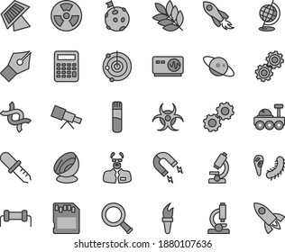 Thin line gray tint vector icon set - radiation hazard vector, magnet, space rocket, sd card, test tube, microscope, telescope, zoom, dna, gears, bactery, biohazard, pipette, globe, oscilloscope