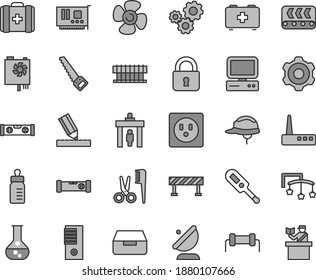 Thin line gray tint vector icon set - toys over the cot vector, feeding bottle, electronic thermometer e, accessories for a hairstyle, bag of paramedic, medical, cogwheel, arm saw, building, drawing