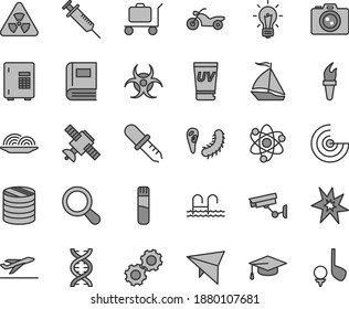 Thin line gray tint vector icon set - onion vector, column of coins, test tube, atom, nuclear, dna, bulb, gears, satellite, bactery, book, biohazard, pipette, graduate hat, radar, syringe