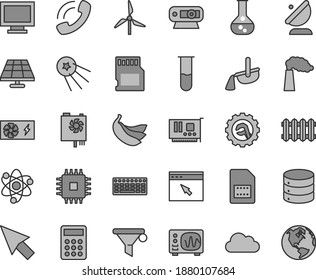 Thin line gray tint vector icon set - monitor window vector, star gear, new radiator, big data, bananas, solar panel, flask, windmill, manufacture, satellite antenna, SIM card, steel production, cpu