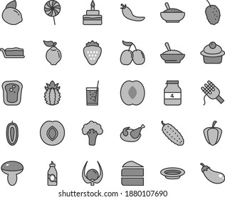 Thin line gray tint vector icon set - spaghetti vector, mushroom, muffin, piece of cake, slice, birthday, a bowl buckwheat porridge, rice, plate, chicken, cucumber, lollipop, glass soda, jar jam