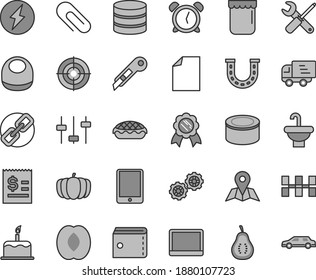 Thin line gray tint vector icon set - clip vector, alarm clock, purse, clean sheet of paper, spectacles, baby bib, gears, small tools, washbasin, ceramic tiles, stationery knife, map, cake, jam, aim