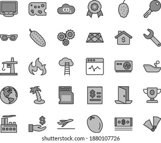 Thin line gray tint vector icon set - children's bathroom vector, pavement, key, cardiogram, piece of cheese, cucumber, mulberry, coconut, industrial building, tower crane, CO2, repair, three gears