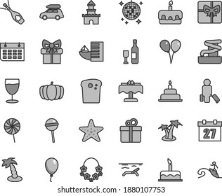 Thin line gray tint vector icon set - daily calendar vector, colored air balloons, balloon, cake, birthday, gift, Easter, torte, Chupa Chups, lollipop, glass, pumpkin, wall, giftbox, sand castle