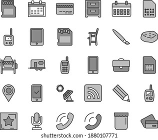 Thin line gray tint vector icon set - tassel vector, desktop microphone, calendar, bank card, rss feed, toy phone, mobile, a chair for feeding child, concrete mixer, smartphone, nightstand, call, sd