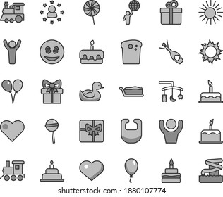 Thin line gray tint vector icon set - heart symbol vector, toys over the cradle, bib, rubber duck, baby toy train, children's, colored air balloons, balloon, cake, birthday, gift, Easter, slice, sun