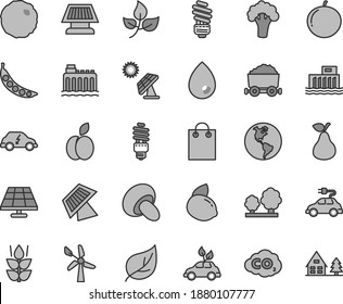 Thin line gray tint vector icon set - saving light bulb vector, drop, porcini, cabbage, apple, pear, mint, tangerine, yellow lemon, peas, broccoli, solar panel, big, leaves, leaf, wind energy, trees