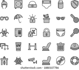 Thin line gray tint vector icon set - spectacles vector, toys over the cot, diaper, nappy, powder, Baby chair, car child seat, winter hat, warm, construction helmet, dust bin, lock, key, umbrella