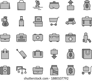 Thin line gray tint vector icon set - briefcase vector, paper bag, first aid kit, toys over the cot, of a paramedic, medical, portfolio, suitcase, case, with handles, package, cart, purse, money